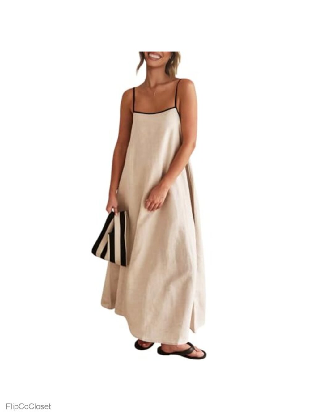 Linen Maxi Dress Backless Spaghetti Strap Flowy Summer Sundress Side Pockets